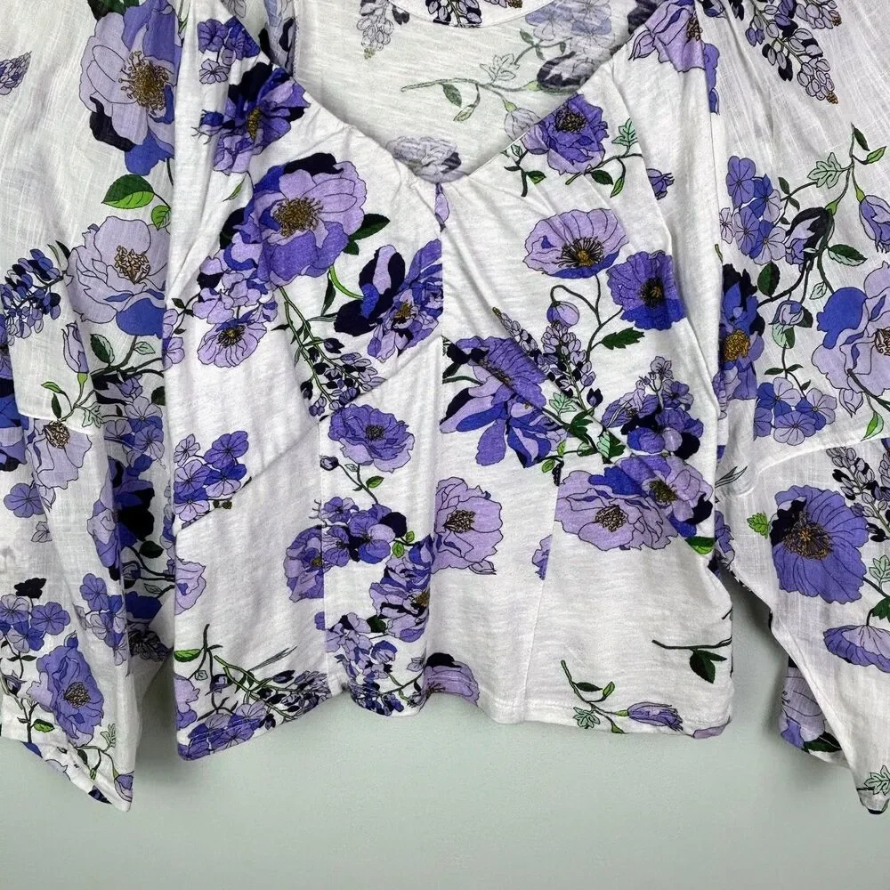 Anthropologie Purple White Floral Ruched Balloon Sleeve Top Cotton Knit Boho M